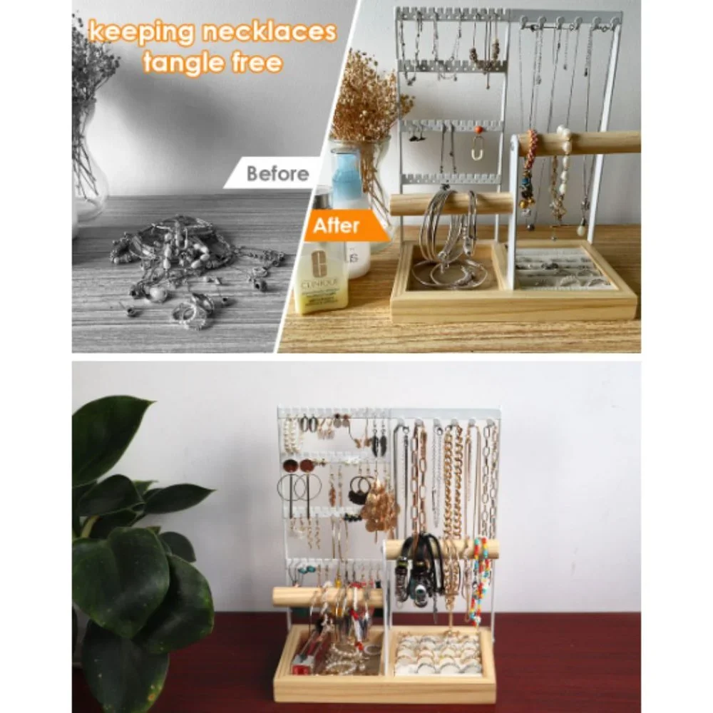 4-Tier Earring Holders & Necklace Towers - Jewelry Organizer w/ Velvet Ring Tray